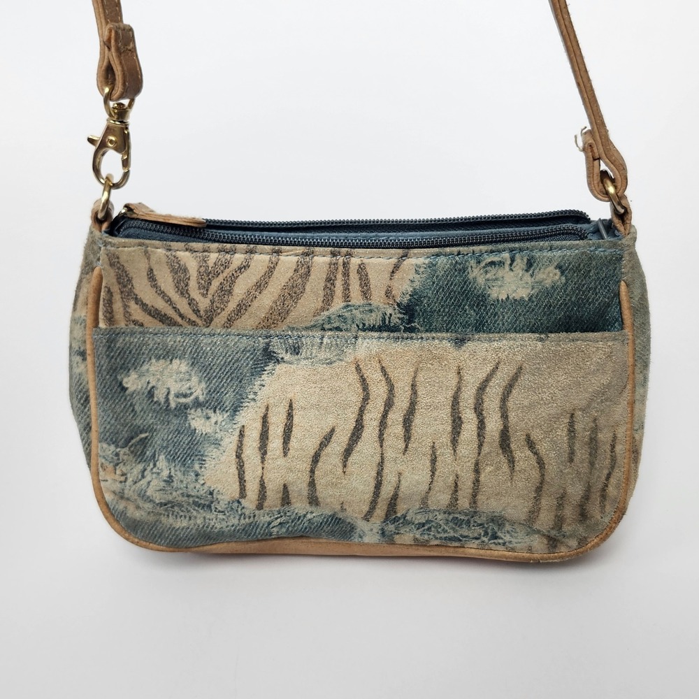 Vintage Y2K Tiger Animal Print Suede Baguette Shoulder Bag Leather Denim Mini